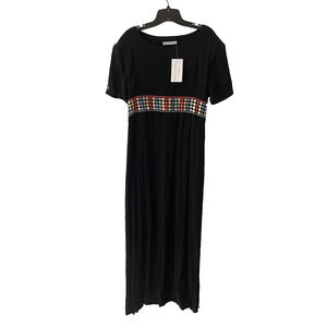 90s Black Maxi Dress Boho Festival Grunge Artsy Rayon Colorful Polka Dot‎ XL